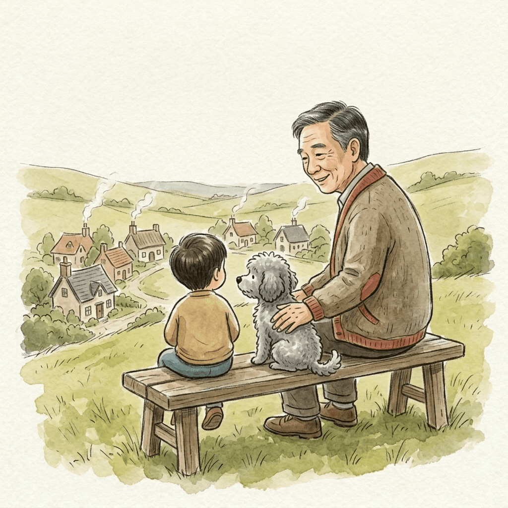 Haggis the grey poodle puppy sitting on a wooden bench with an elderly man and a young child overlooking a village